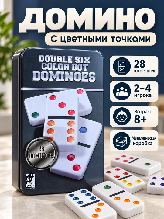 Набор домино с цветными точками, 28 костяшек в металлической коробке, 8+ - 