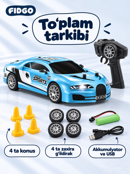 FIDGO pultli drift mashinasi, 4WD, yonuvchi faralar, 1:24 yoki mini 1:64