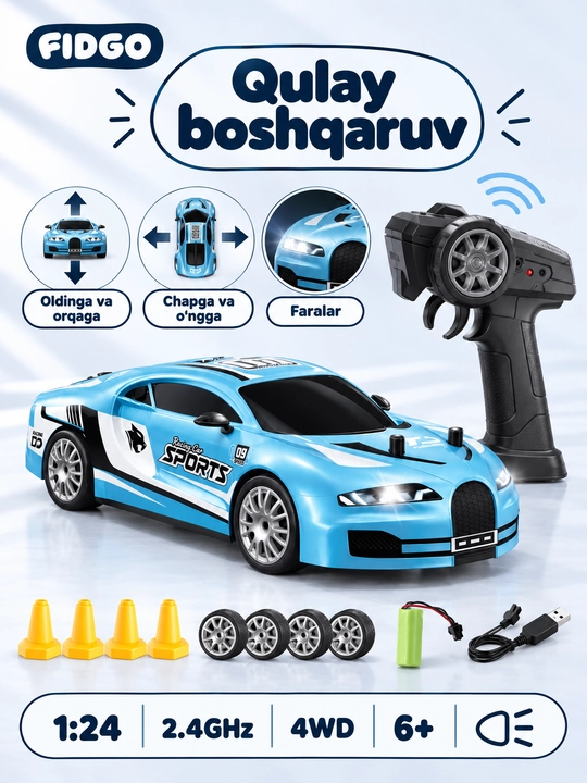 FIDGO pultli drift mashinasi, 4WD, yonuvchi faralar, 1:24 yoki mini 1:64