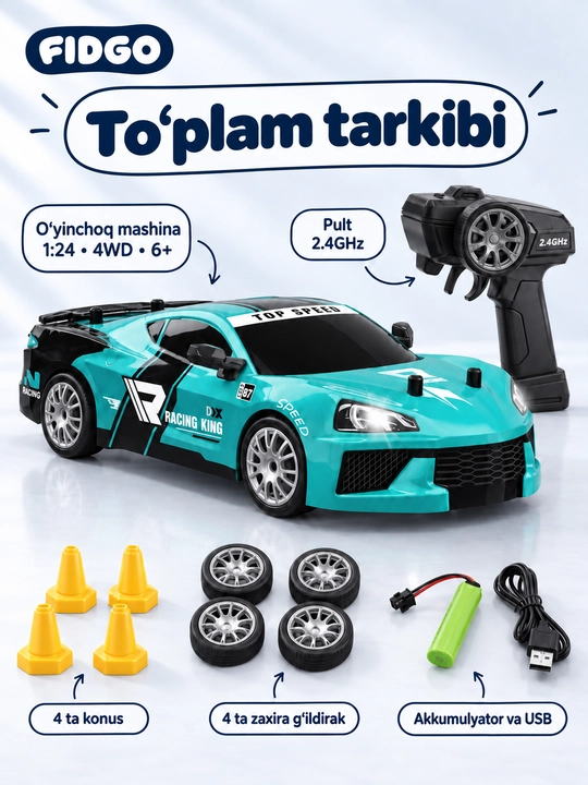FIDGO pultli drift mashinasi, 4WD, yonuvchi faralar, 1:24 yoki mini 1:64