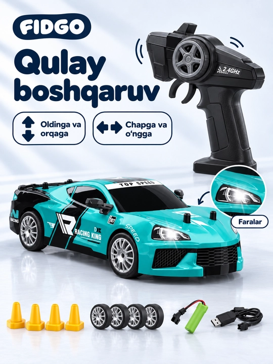 FIDGO pultli drift mashinasi, 4WD, yonuvchi faralar, 1:24 yoki mini 1:64