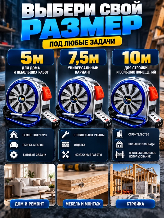 Professional qurilish ruletkasi 5/7,5/10 m, zanglamaydigan lenta, namlikka chidamli