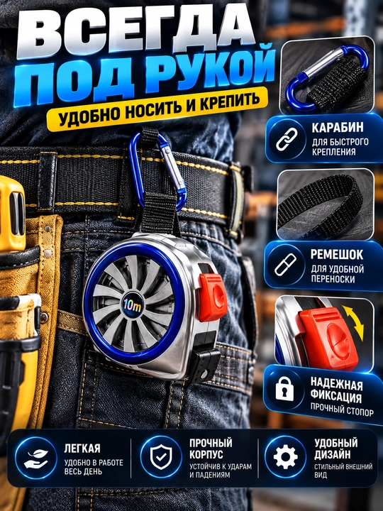 Professional qurilish ruletkasi 5/7,5/10 m, zanglamaydigan lenta, namlikka chidamli