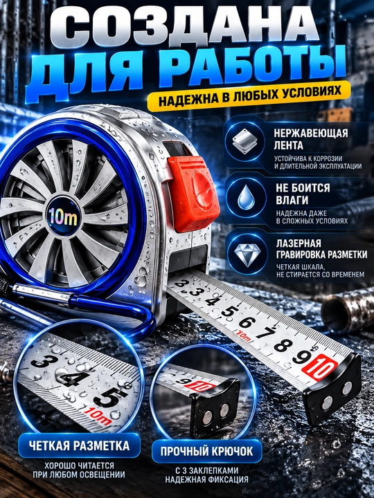 Professional qurilish ruletkasi 5/7,5/10 m, zanglamaydigan lenta, namlikka chidamli