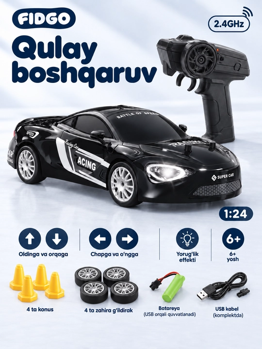 FIDGO pultli drift mashinasi, 4WD, yonuvchi faralar, 1:24 yoki mini 1:64