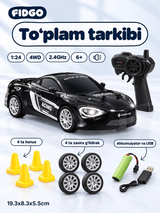FIDGO pultli drift mashinasi, 4WD, yonuvchi faralar, 1:24 yoki mini 1:64
