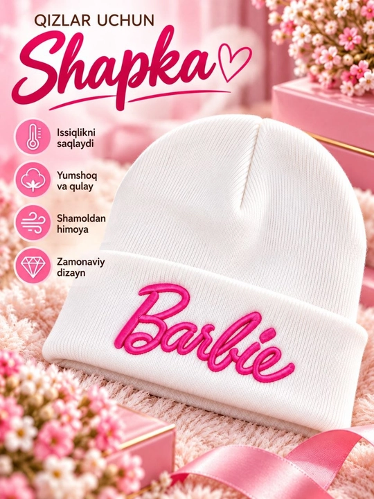 Шапка для девочек Barbie, розовая, от 5 лет, мягкая универсальная модель