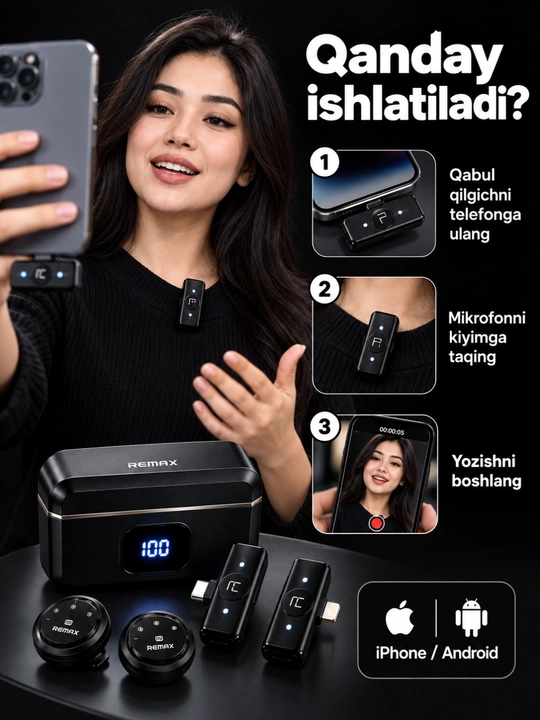 REMAX K22 telefon uchun simsiz mikrofon, 2 in 1 Type-C Lightning, video va blog uchun