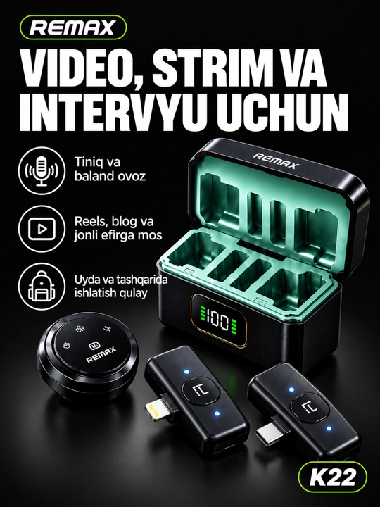 REMAX K22 telefon uchun simsiz mikrofon, 2 in 1 Type-C Lightning, video va blog uchun