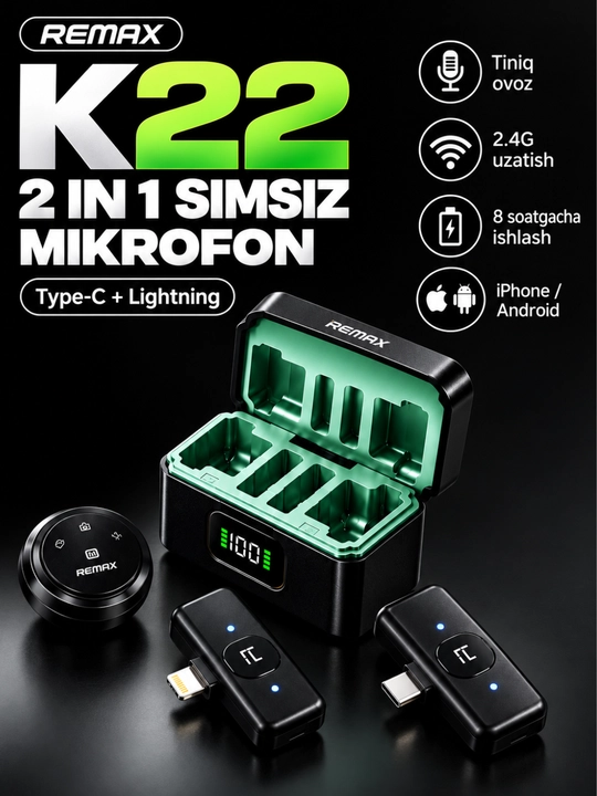 REMAX K22 telefon uchun simsiz mikrofon, 2 in 1 Type-C Lightning, video va blog uchun - 