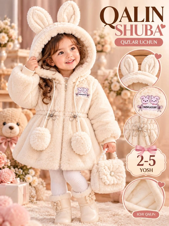 Qizlar uchun qalin yumshoq shuba, kapyushonli, 2–5 yosh