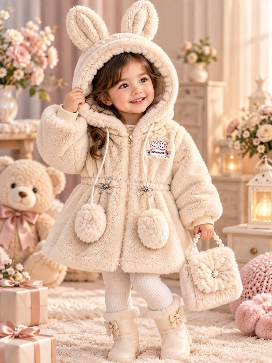 Qizlar uchun qalin yumshoq shuba, kapyushonli, 2–5 yosh - 