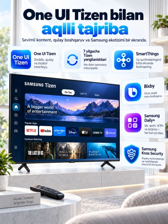 Samsung 43," 50," 55" 4K Crystal UHD Smart TV+ aqlli televizori, ikkinchi pult sovg‘a