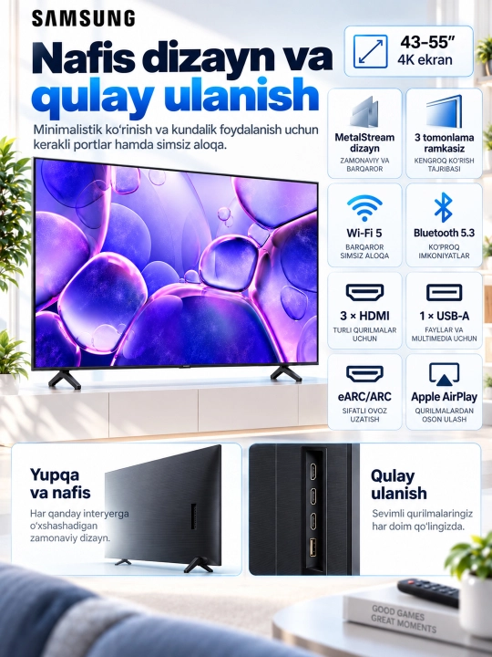 Samsung 43," 50," 55" 4K Crystal UHD Smart TV+ aqlli televizori, ikkinchi pult sovg‘a