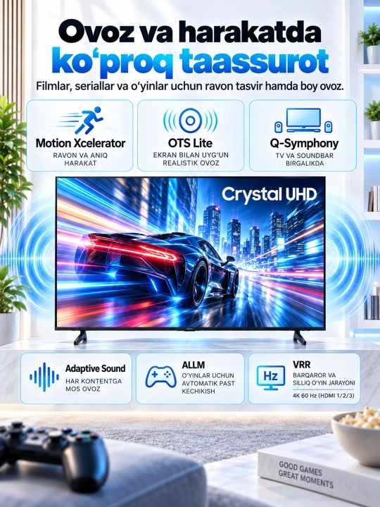 Samsung 43," 50," 55" 4K Crystal UHD Smart TV+ aqlli televizori, ikkinchi pult sovg‘a