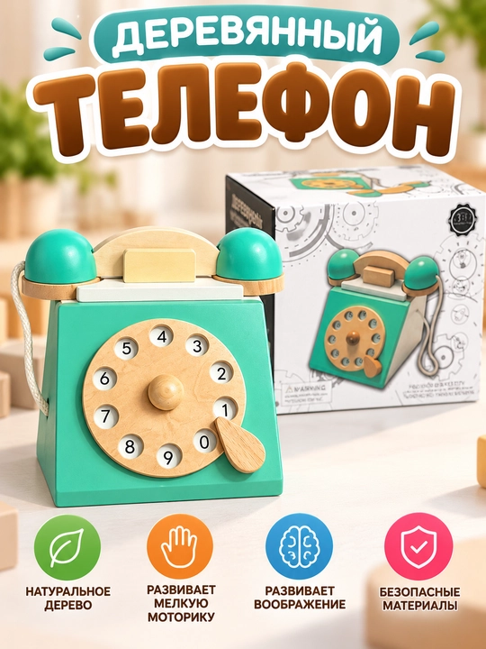 Деревянная ретро-телефон игрушка для детей, винтажный дизайн, 36+ месяцев