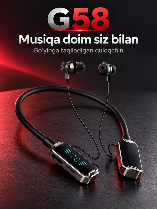G58 / NE bo‘yinga taqiladigan simsiz quloqchin, raqamli displey bilan