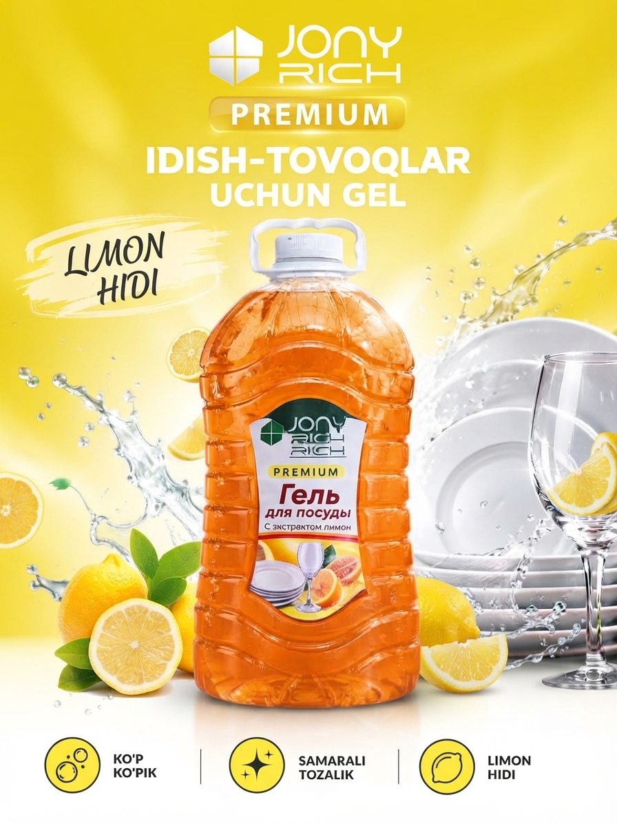 Idish yuvish uchun gel Premium Jony Rich, 5000 ml - 