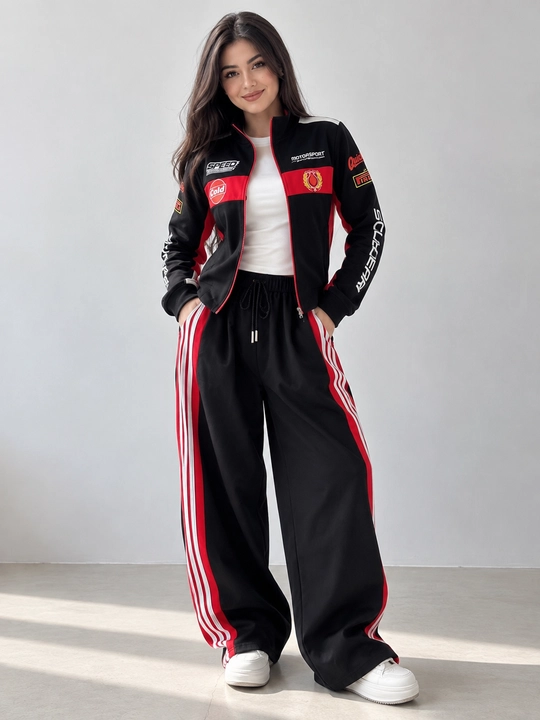 Ayollar sport kostyumi ikki qismli MOTO, fermuarli kofta va keng shim oversize - 