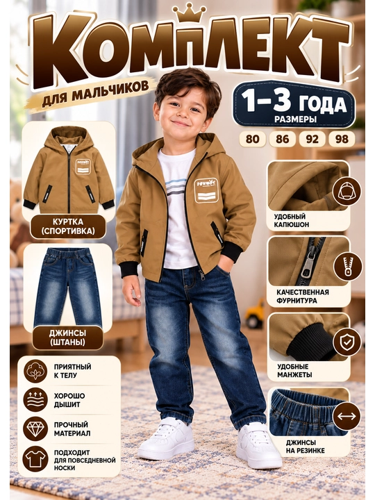 Комплект для мальчика. Куртка и джинсы. Повседневный комплект 1–3 года - 