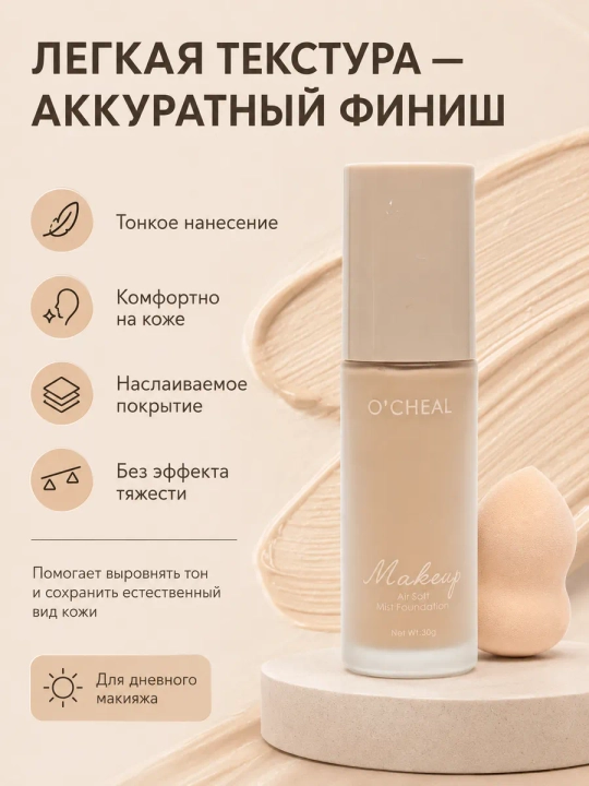 Yuz uchun tonal krem O'CHEAL, yengil tekstura va barcha teri turlari uchun + sponj, 30 ml