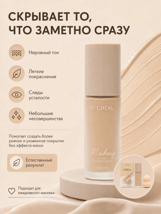 Yuz uchun tonal krem O'CHEAL, yengil tekstura va barcha teri turlari uchun + sponj, 30 ml