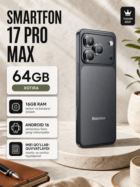 Смартфон 17 Pro Max Wave 7C, 16GB Ram 64GB Rom, 32 Мп, 5000 мАч, Android 16