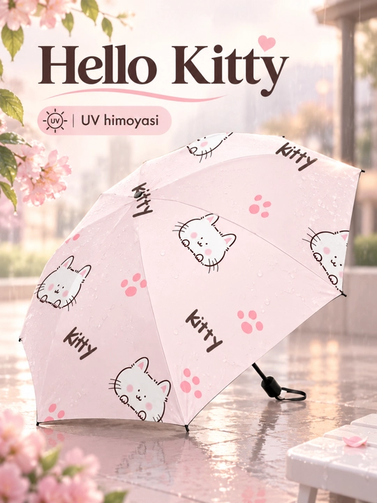 Складной зонт с логотипом Hello Kitty, полиэстер, защита от UV-лучей, гибкие спицы - 