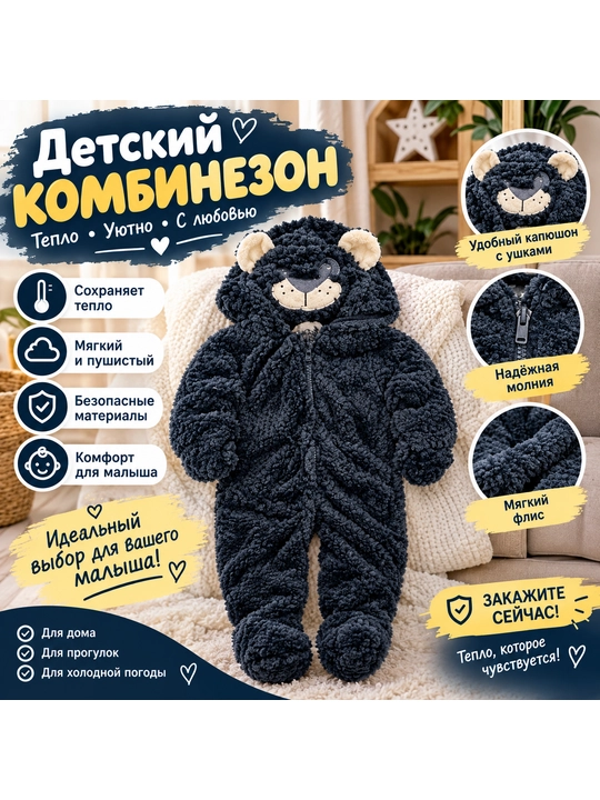 Bolalar kombinezoni, duxoba, kapyushonli va quloqli - 