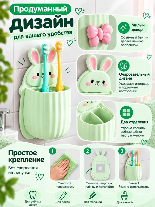 Настенный держатель для зубных щёток, органайзер для ванной комнаты с кроликом - 