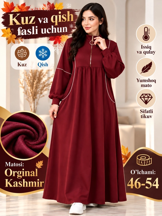 Ayollar uchun nafis uzun ko‘ylak Kashmir — issiq kuz-qish libosi - 