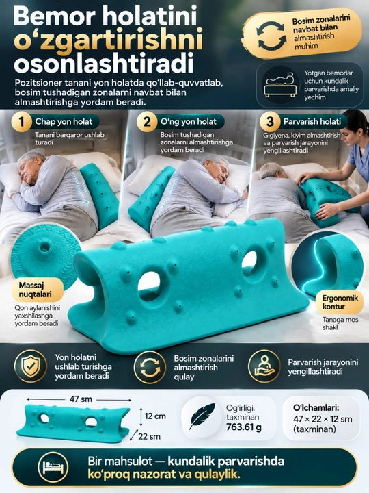 Yotgan bemorlar uchun ortopedik yon pozitsioner, tana holatini fiksatsiya qiluvchi yostiq