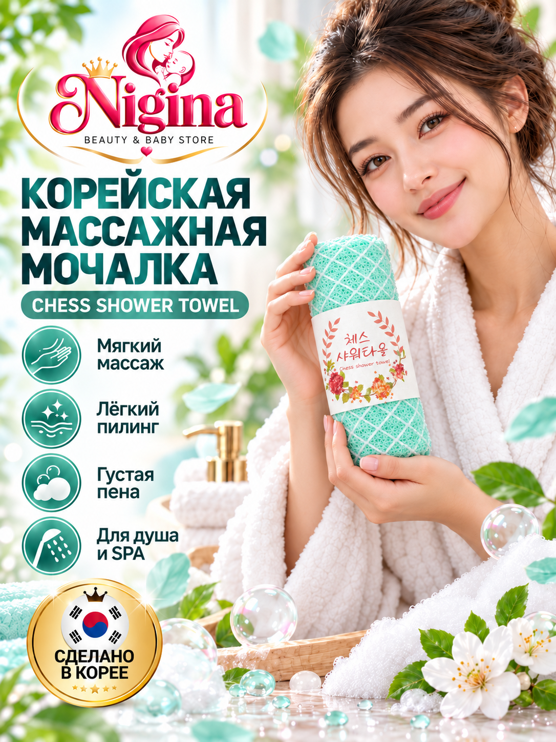 Корейская массажная мочалка Happy Clean Day, пилинг-эффект, 95 см, 1 шт - 