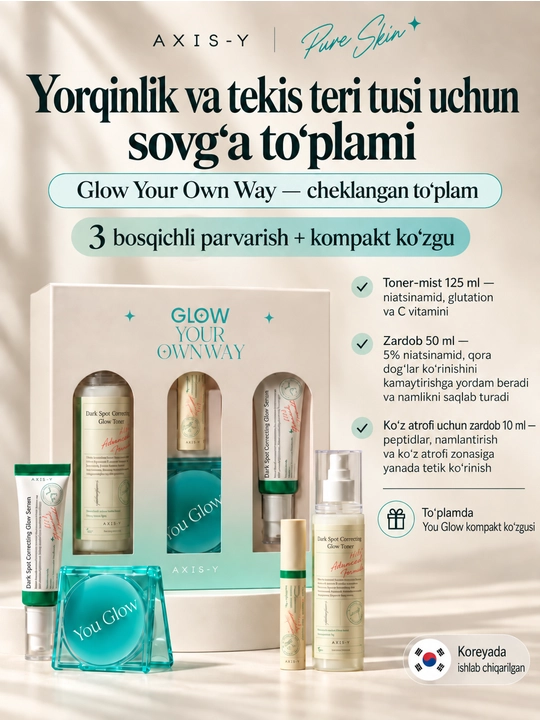 Axis-Y Glow Trio terini namlash, rangini tekislash va yorqinlashtirish uchun to‘plam