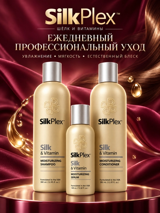 Набор для волос увлажняющий SilkPlex Silk & Vitamin: шампунь, кондиционер, сыворотка - 