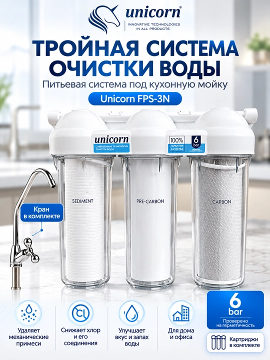 3 bosqichli ichimlik suvi filtri, kartrijlar bilan FPS-3N — Unicorn - 