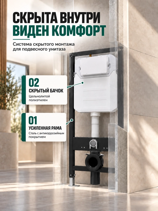 Osma unitaz uchun installyatsiya Emerich, yashirin bak, mustahkam po‘lat rama