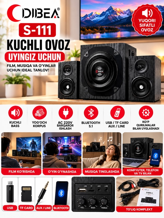 DIBEA S-111 2.1 akustika tizimi, Bluetooth, USB, TF, AUX - 