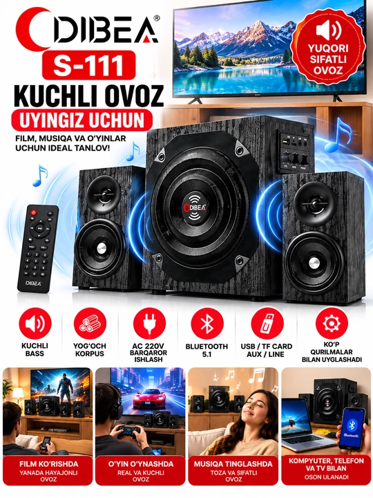 DIBEA S-111 2.1 akustika tizimi, Bluetooth, USB, TF, AUX