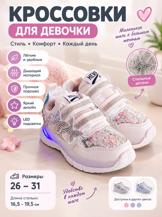 Qiz bolalar uchun LED chiroqli krossovka, oq rang, velkro yopilishli, bezakli bolalar oyoq - 