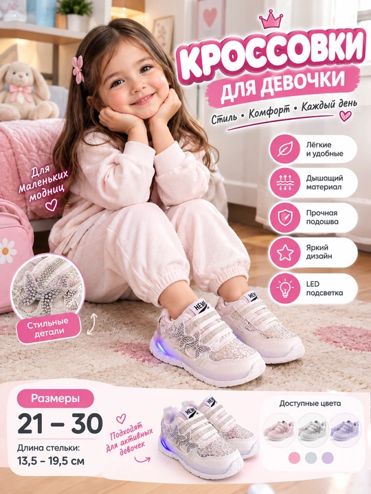 Детские кроссовки для девочек с LED-подсветкой, белые, на липучках, с декоративными