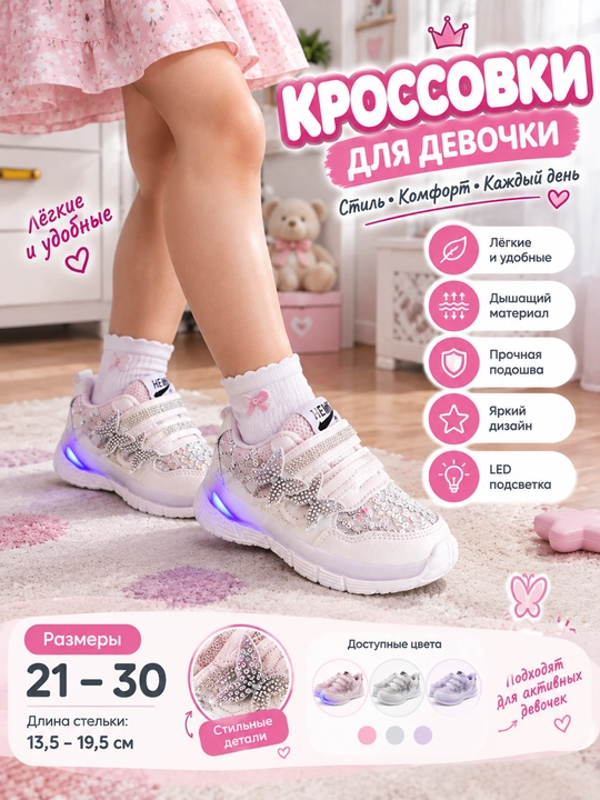 Детские кроссовки для девочек с LED-подсветкой, белые, на липучках, с декоративными