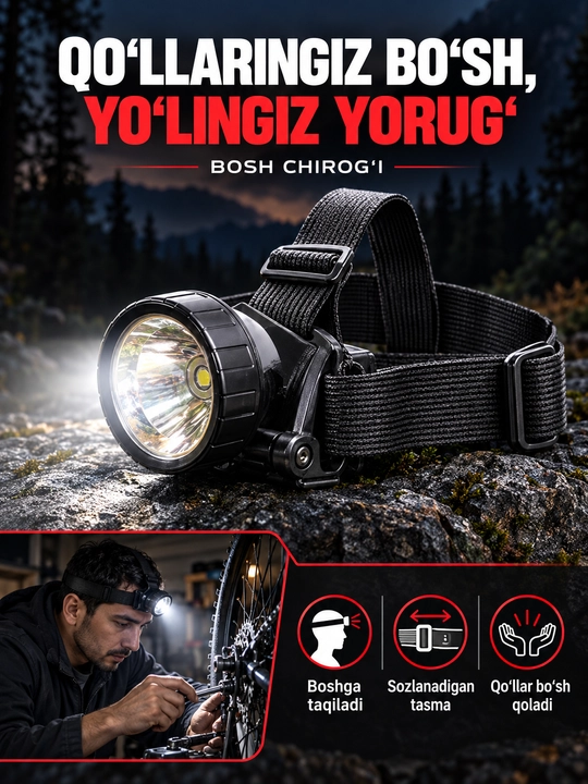 Qayta zaryadlanuvchi LED yoritish farasi, boshga taqiladigan, kuchli nurli