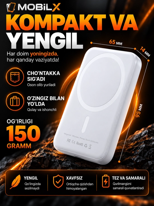 MagSafe power bank, iPhone uchun, 10.000 va 5.000 mA/h, Power bank