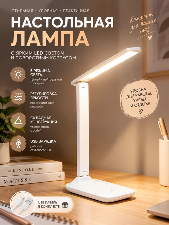 Настольная LED лампа с поворотным корпусом, 3 режима света, USB, складная - 
