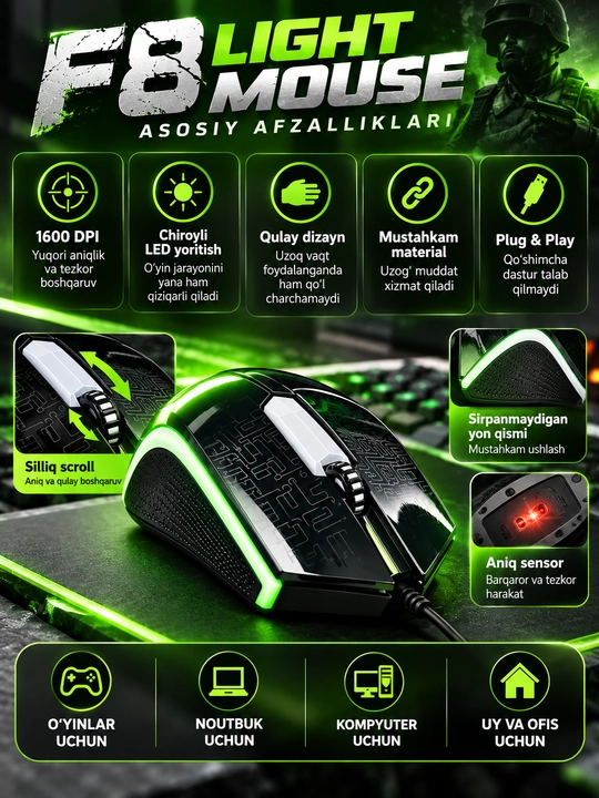 F8 Light Mouse o‘yin sichqonchasi 1600 DPI, USB, LED yoritish