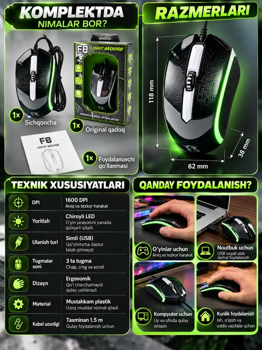 F8 Light Mouse o‘yin sichqonchasi 1600 DPI, USB, LED yoritish - 