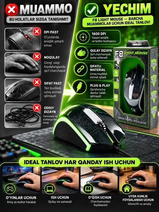 F8 Light Mouse o‘yin sichqonchasi 1600 DPI, USB, LED yoritish