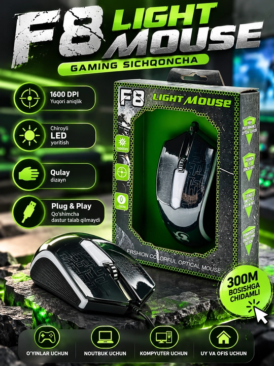F8 Light Mouse o‘yin sichqonchasi 1600 DPI, USB, LED yoritish