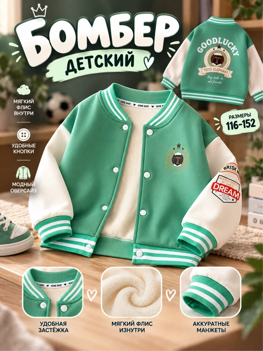 Бомбер детский, теплая кофта на кнопках для мальчиков - 